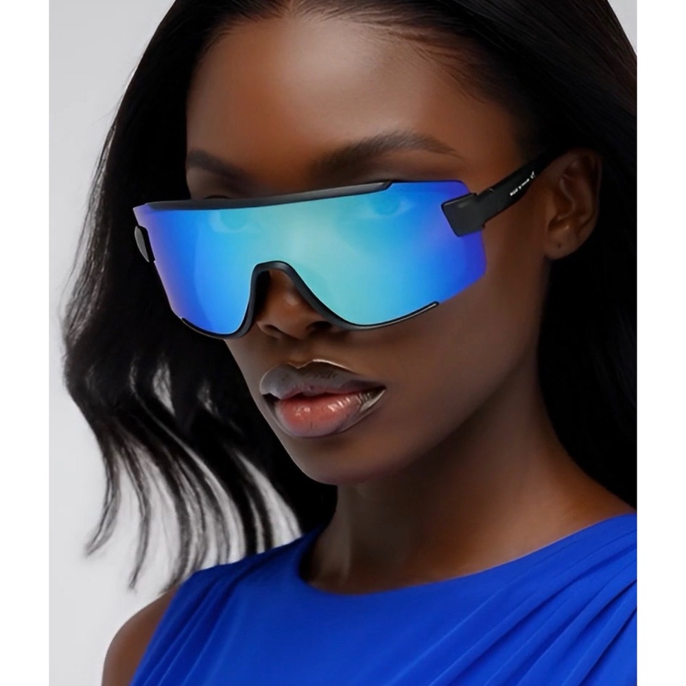 Women Futuristic Shield Sunglasses Blue Mirrored Oversized Wrap Around Sporty